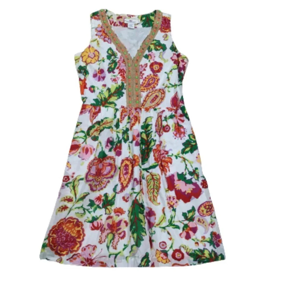 Vineyard Vines Floral Dress‎ Sleeveless White with Pink Red Green Beaded Size 0